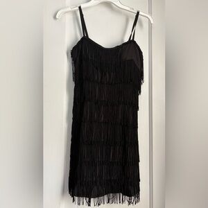 Windsor Elegant Black Fringe Side Zip Mini Boho Dress V- Neck, Sz: Small